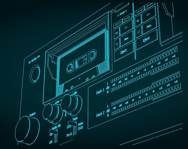 Vector tape recorder close up illustrations