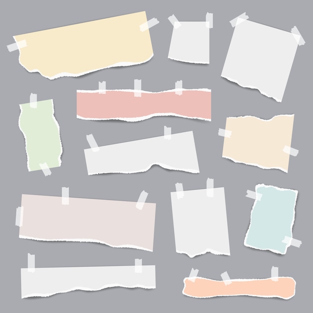 Vector taped paper. ripped pieces of white and colored note pages vector realistic template