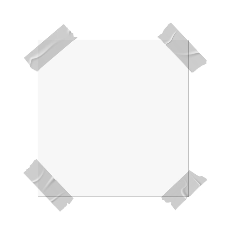 Vector tapes scotch op papier vierkante kaart met transparant cellofaan kleverige stukken strip stok op belangrijk vel prikbord leeg herinneren witte memo leeg frame realistische vectorillustratie geïsoleerd