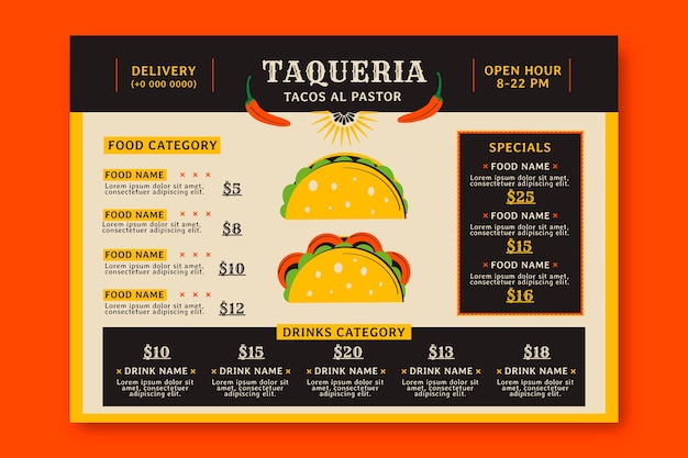 Vector taqueria restaurant hand drawn menu template