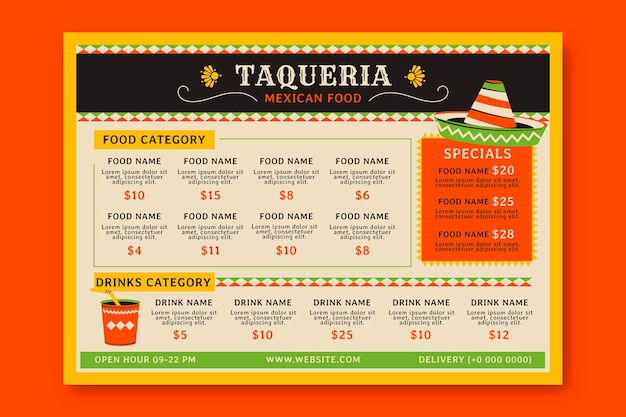 Modello di menu disegnato a mano del ristorante taqueria