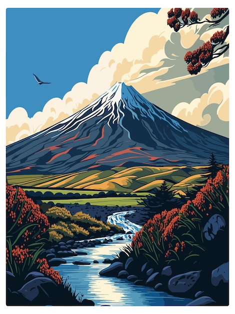 Taranaki Nieuw-Zeeland Vintage reisposter Souvenir postkaart Portret schilderij WPA illustratie