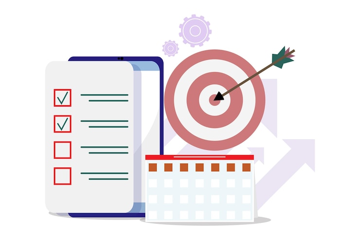 Vector target and arrow with checklist on cellphone and calendar arrows and engine units for growth concept