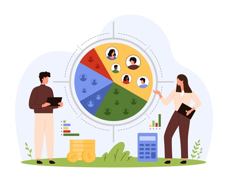 Vector target audience research analysis of focus groups and customer behavior by tiny people