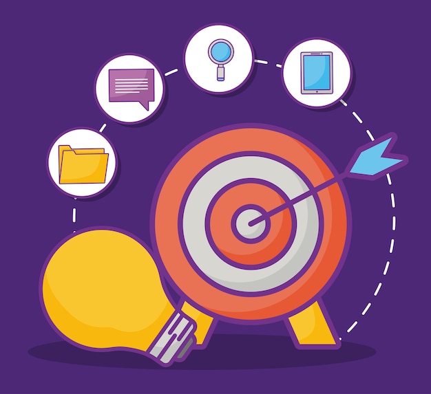 Vector target and bulb with online marketing related icons