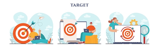 Target concept set Ambitious characters aiming in target and shooting