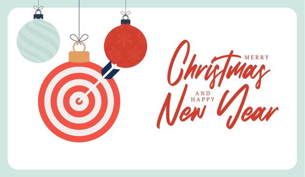 Cartolina di natale di target dash. cartolina d'auguri di buon natale sportivo. appendi a un filo target dash come una palla di natale e una pallina d'oro su sfondo nero. illustrazione vettoriale di sport.