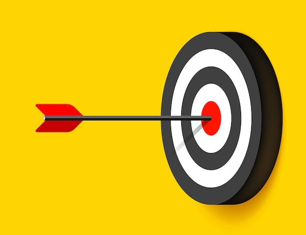 Target icon in 3d flat style on yellow background. arrow in the center aim. vector design element