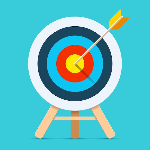 Target icon in flat style on color background. Bullseye business conpept. Arrow in the center aim