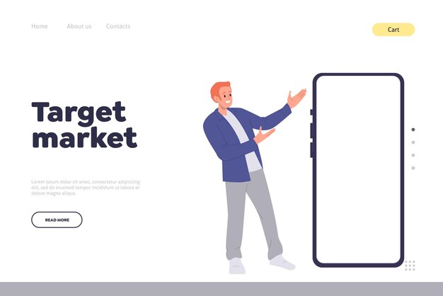Vector target market concept for landing page design template offering idea of digital promotion campaign tiny happy man influencer character pointing at huge mobile phone empty screen vector illustration