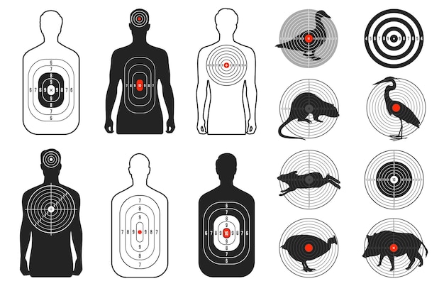 Силуэты мишеней Стрельбище яблочко целится в животных человеческие фигуры для соревнований по военной практике тренировочные соревнования Плоский пистолет выстрелил в цель с точкой попадания Векторный набор