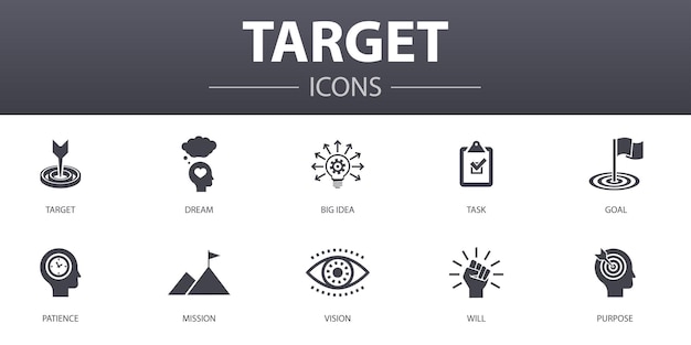 Target simple concept icons set. contains such icons as big idea, task, goal, patience and more, can be used for web, logo, ui/ux