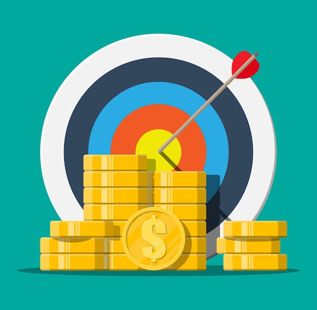 Target with arrow and pile of gold coins. goal setting. smart goal. business target concept. achievement and success, illustration in flat style