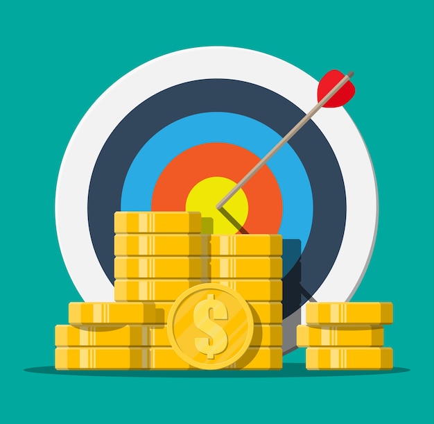 Target with arrow and pile of gold coins. Goal setting. Smart goal. Business target concept. Achievement and success, illustration in flat style