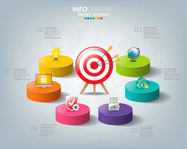 Obiettivo con icone e quattro opzioni con numeri e testo, modello di infografica.