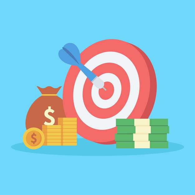 Target with money management and achievements isolated on blue background