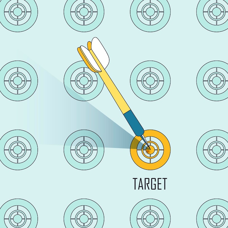 Vector targeting concept: a dart shooting on a target in line style
