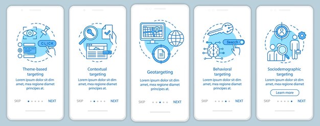 Targeting types blue onboarding mobile app page screen vector template. targeted advertising walkthrough website steps with linear illustrations. ux, ui, gui smartphone interface concept