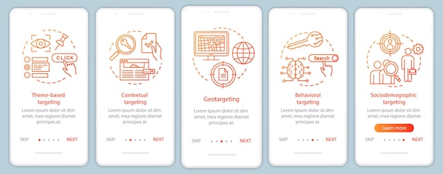 Vector targeting types orange gradient onboarding mobile app page screen vector template