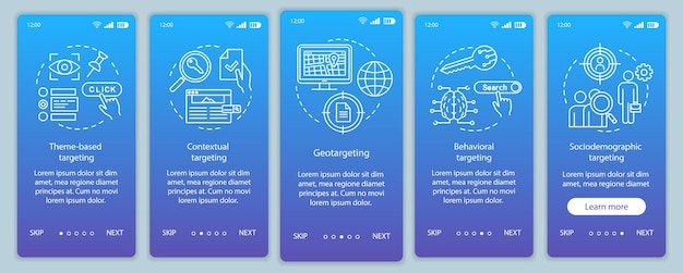 Targetingtypen blauwe gradiënt onboarding mobiele app paginascherm vectorsjabloon
