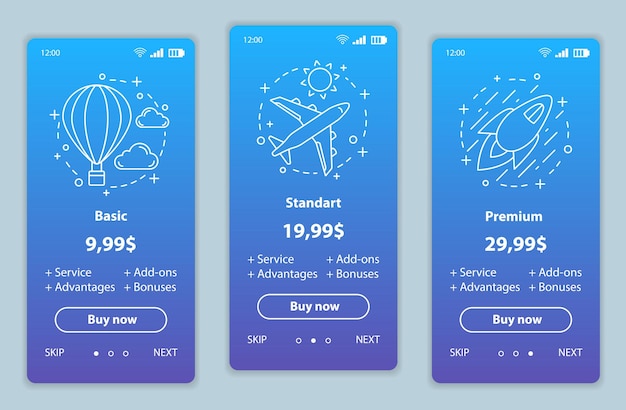 Tariff plans onboarding mobile app screens vector templates