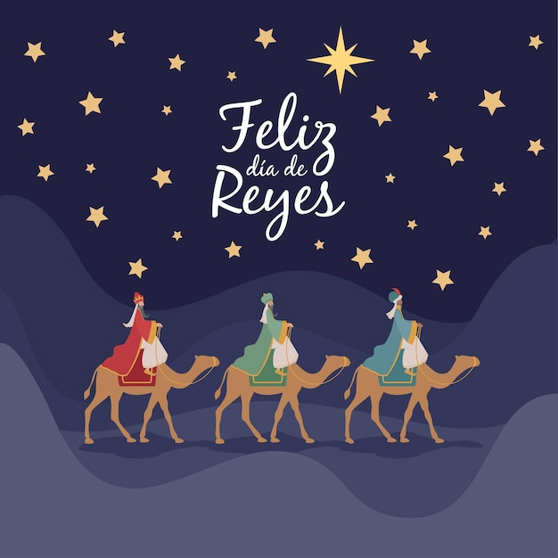 Tarjeta de felicitacion de dia de reyes magosreyes a camellos en el desierto