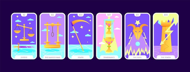 Tarot cards flat deck cartoon taro card major arcanas justice hanged death devil tower vector