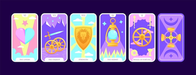 Vector tarot cards flat deck cartoon taro card major arcanas lovers chariot strength hermit fortune set