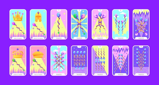 Карты Таро с плоской колодой мультфильм Таро младшие арканы палочки векторный игровой набор полный туз король королева рыцарь