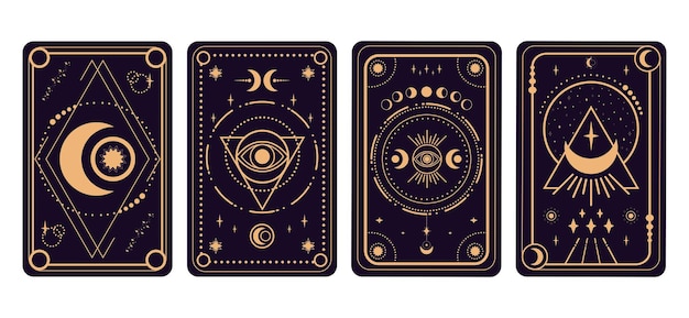 Vector tarot cards set on black background crescent stars and magical eyes symbols