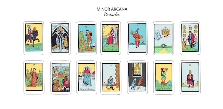 Tarot kaart vector deck Minor Arcana Pentacles Occulte esoterische spirituele Tarot Geïsoleerde gekleurde