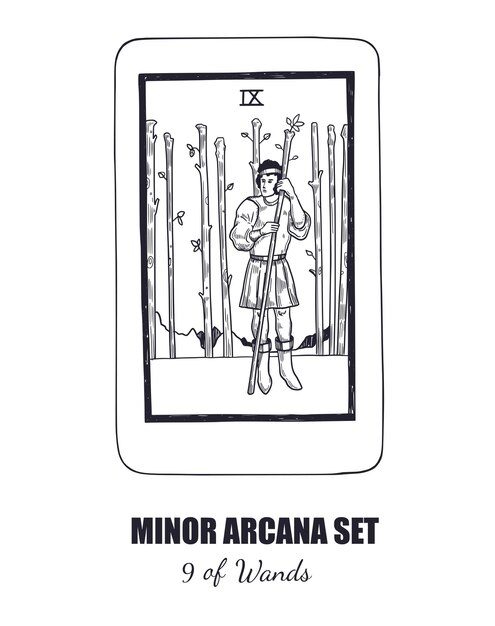 Vector tarot set vector hand drawn minor arcana 9 of wands