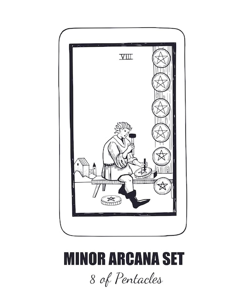 Vector tarot vector hand drawn minor arcana set 8 of pentacles