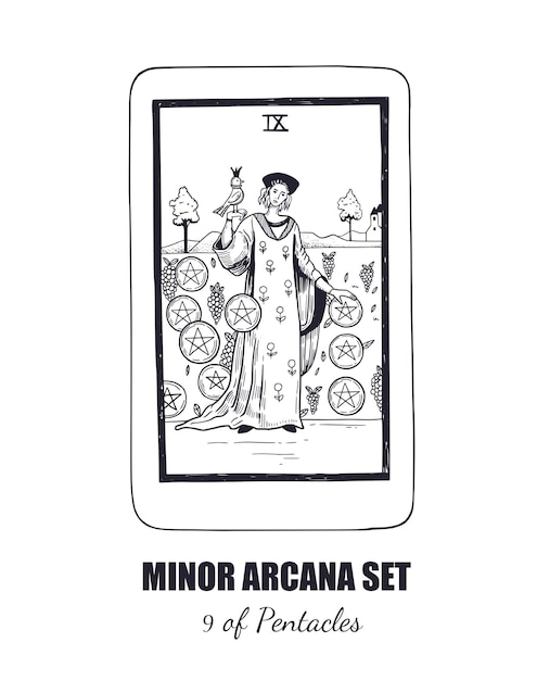 Vector tarot vector hand drawn minor arcana set 9 of pentacles