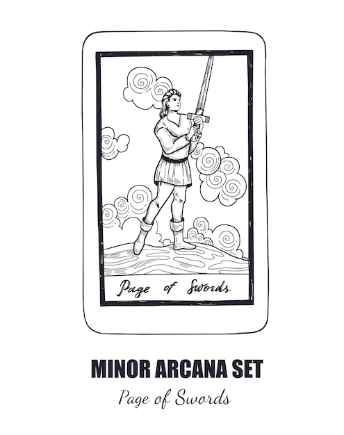 Вектор Вектор таро, нарисованный вручную младшими арканами, набор паж мечей