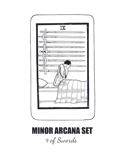 Vector tarot vector hand getekende kleine arcana set 9 van zwaarden