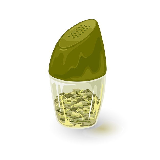 Vector tarragon spice is in glass pepper caster, tin, jar with green plastic lid. aromatic bay or laurel leaves, dill, parsley, coriander are in transparent shaker, container.  cartoon on white.