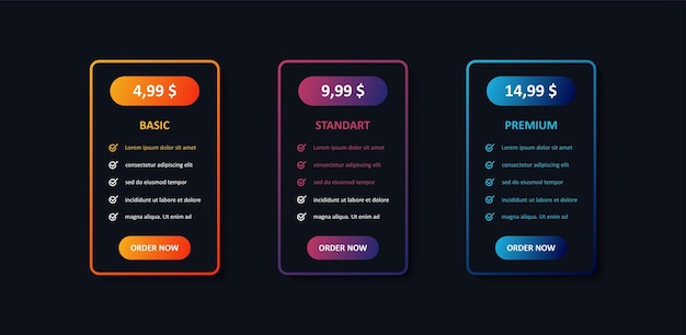 Tarrifs plan banner list Banners with pricing discount and feature checklist Basic standart and premium Vector EPS 10