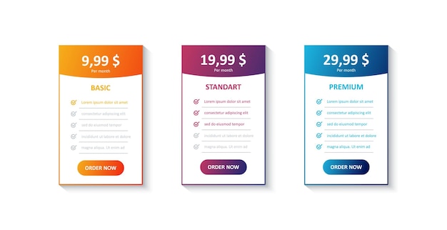 tarrifs plan banner list banners with pricing discount and feature checklist basic standart and premium vector eps 10