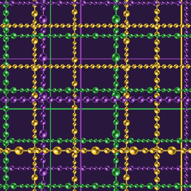 Tartan seamless pattern with string of beads Mardi gras decoration