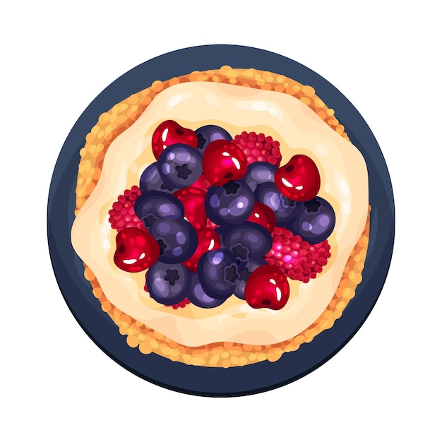 Tartlet or small pie with blueberry and raspberry as dessert served on plate vector illustration