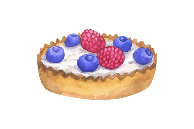 Tartlet with blackberry and raspberry and cream vector hand drawn watercolor food pastry illustration for menu cafe isolated on white background