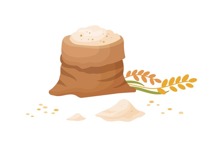 Tarwe meel in zak met houten schep zak met meel en granen meelbal in cartoon stijl vector