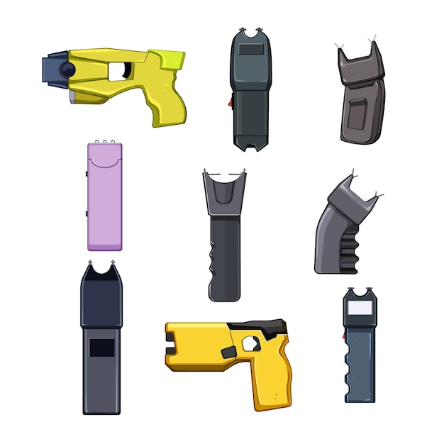 taser pistool set cartoon politie wapen geweer elektroshock leger machine taser pistool teken geïsoleerde symbool vectorillustratie