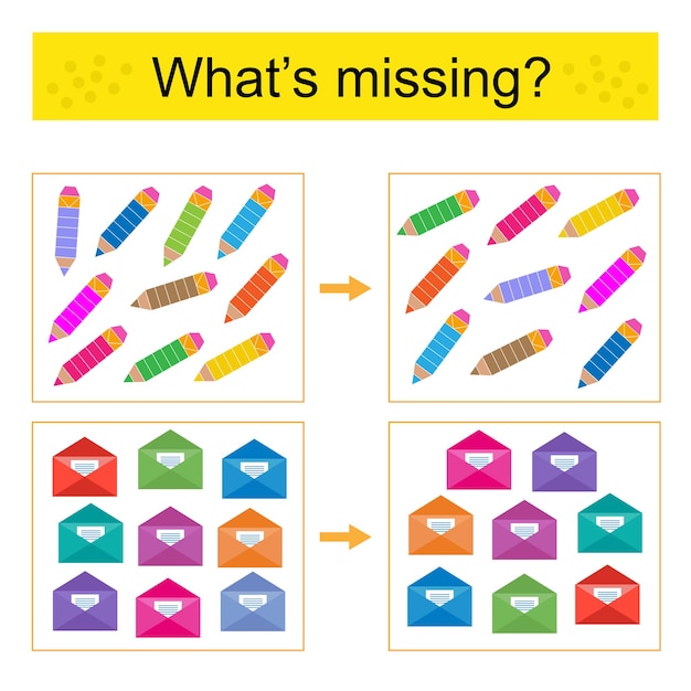 Task for the development of attention and logic Find the missing pencil and envelope