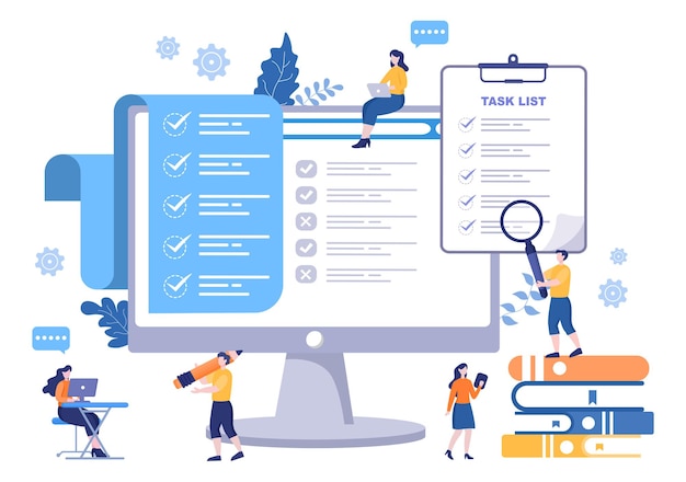 Vector task list vector illustration to do list time management, work planning or organization of daily goals. landing page template