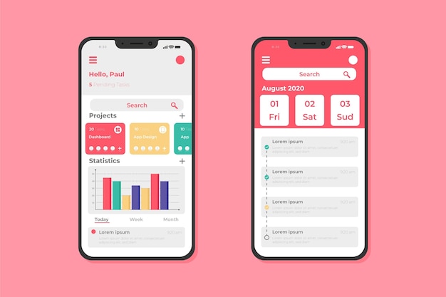 Modello di app per smartphone con interfaccia di gestione delle attività