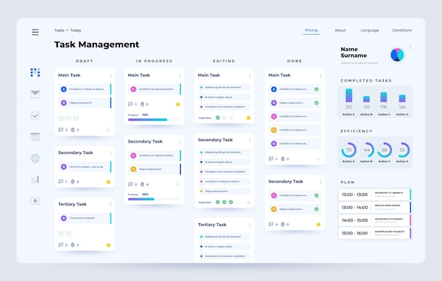 Task manager Planner and organizer application dashboard UI with task performance process time management web app Vector template