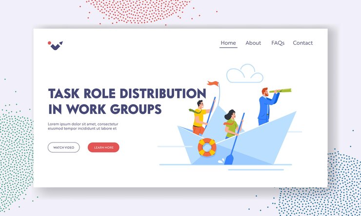 Vector task role distribution in work groups landing page template business people sailing on paper boat businessmen team