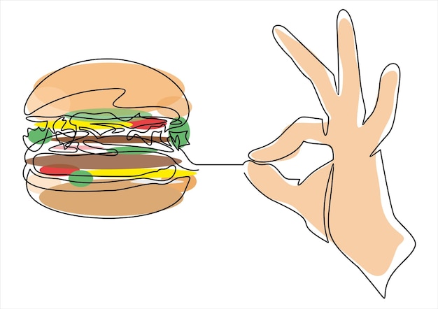 白い背景で隔離の手でおいしいハンバーガー サンドイッチ